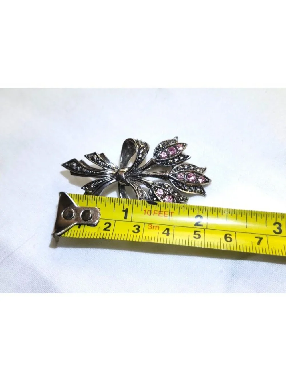 Vintage Silver Tone Floral Brooch Pink Rhinestones Bow Accent Elegant Design